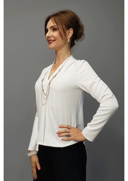 V Yaka Omuz Pileli Uzun Kol Bluz-Beyaz fiyatları