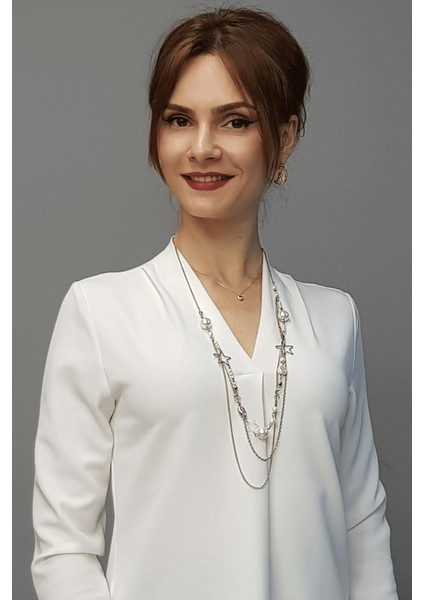 V Yaka Omuz Pileli Uzun Kol Bluz-Beyaz modelleri