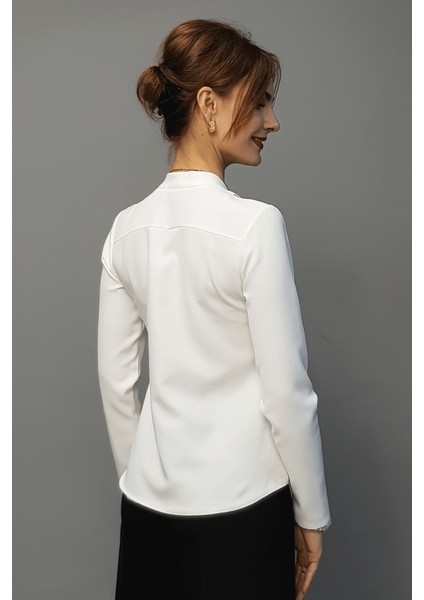 V Yaka Omuz Pileli Uzun Kol Bluz-Beyaz fırsatları