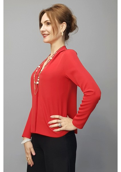 V Yaka Omuz Pileli Uzun Kol Bluz-Kırmızı fiyatları