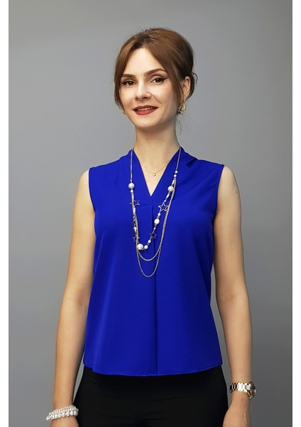 V Yaka Omuz Pileli Kolsuz Bluz-Saks