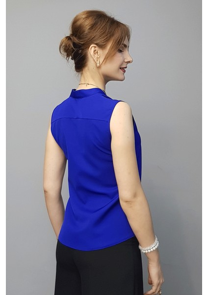 V Yaka Omuz Pileli Kolsuz Bluz-Saks fırsatları