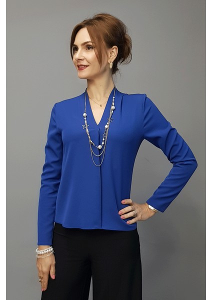 V Yaka Omuz Pileli Uzun Kol Bluz-İndigo