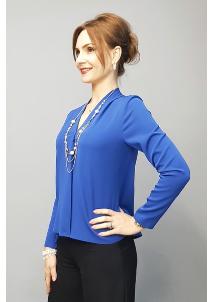 V Yaka Omuz Pileli Uzun Kol Bluz-İndigo fiyatları