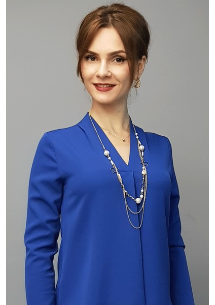 V Yaka Omuz Pileli Uzun Kol Bluz-İndigo modelleri