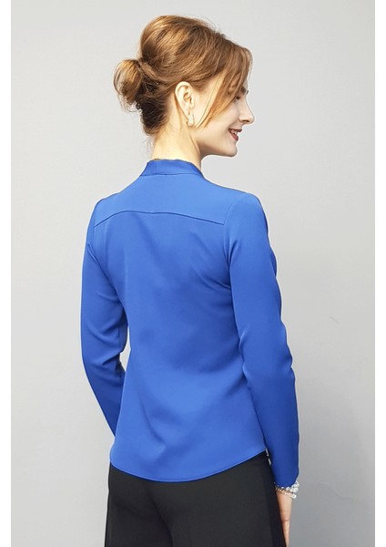 V Yaka Omuz Pileli Uzun Kol Bluz-İndigo fırsatları