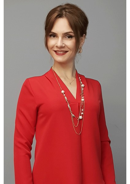 V Yaka Omuz Pileli Uzun Kol Bluz-Kırmızı modelleri