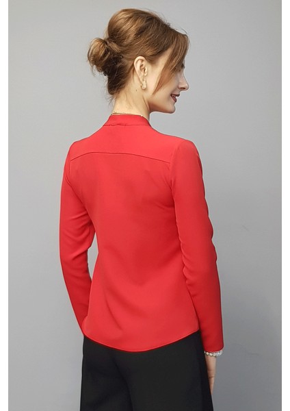 V Yaka Omuz Pileli Uzun Kol Bluz-Kırmızı fırsatları
