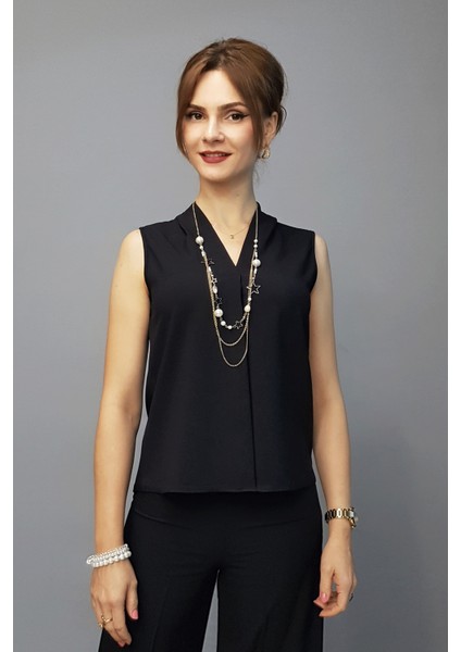 V Yaka Omuz Pileli Kolsuz Bluz-Siyah