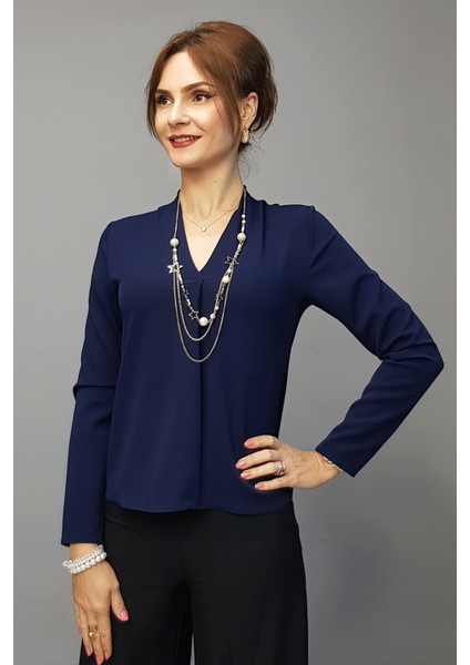 V Yaka Omuz Pileli Uzun Kol Bluz-Lacivert