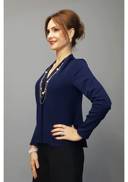 V Yaka Omuz Pileli Uzun Kol Bluz-Lacivert fiyatları