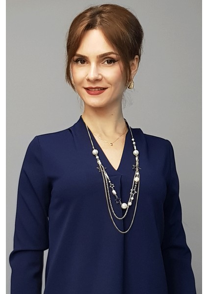 V Yaka Omuz Pileli Uzun Kol Bluz-Lacivert modelleri