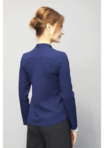 V Yaka Omuz Pileli Uzun Kol Bluz-Lacivert fırsatları