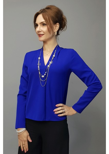 V Yaka Omuz Pileli Uzun Kol Bluz-Saks