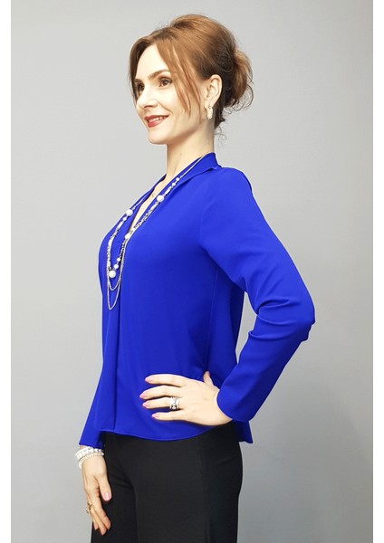 V Yaka Omuz Pileli Uzun Kol Bluz-Saks fiyatları