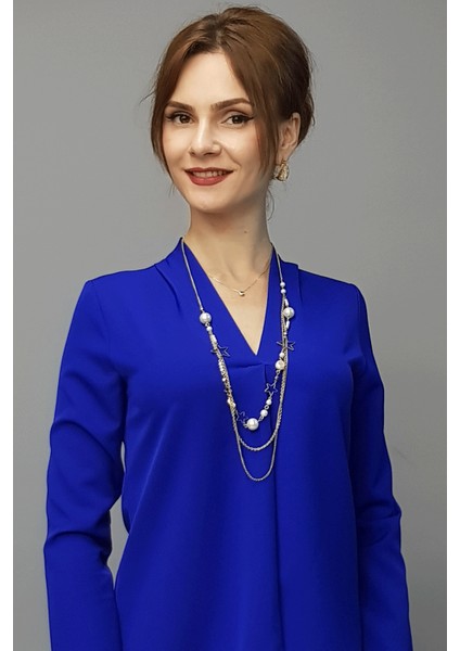 V Yaka Omuz Pileli Uzun Kol Bluz-Saks modelleri