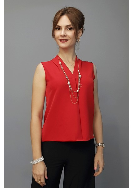 V Yaka Omuz Pileli Kolsuz Bluz-Kırmızı