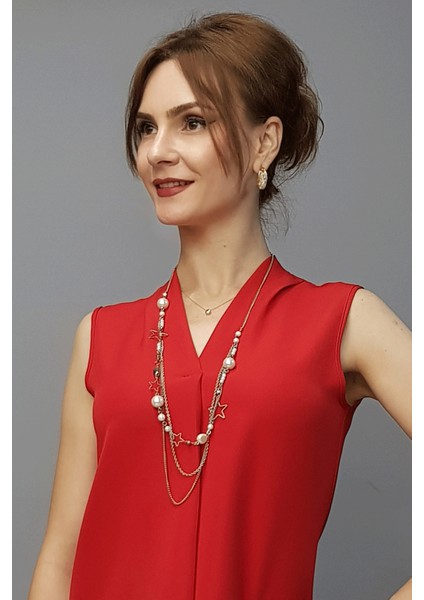 V Yaka Omuz Pileli Kolsuz Bluz-Kırmızı modelleri