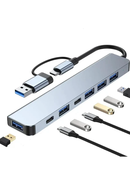 Alüminyum USB Hub 7 In 1 USB / Type-C To USB A USB C USB 2.0 / 3.0 Çevirici Adaptör Çok Portlu Tak Çalıştır USB Çevirici