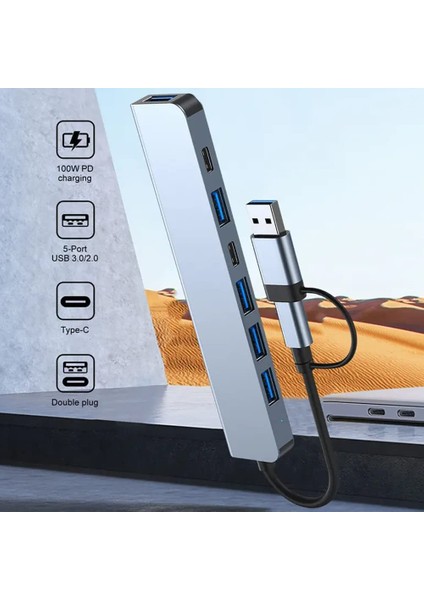 Alüminyum USB Hub 7 In 1 USB / Type-C To USB A USB C USB 2.0 / 3.0 Çevirici Adaptör Çok Portlu Tak Çalıştır USB Çevirici