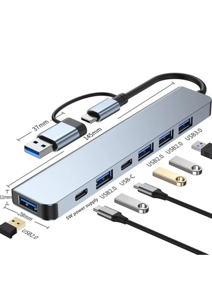 Alüminyum USB Hub 7 In 1 USB / Type-C To USB A USB C USB 2.0 / 3.0 Çevirici Adaptör Çok Portlu Tak Çalıştır USB Çevirici