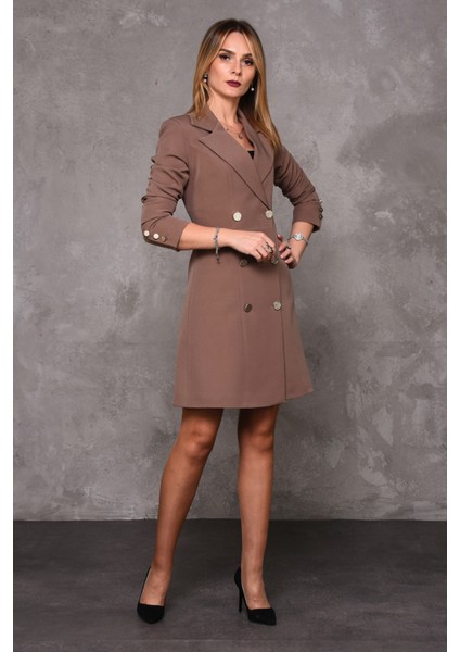 Erkek Yaka Kuruvaze Uzun Kol Elbise-Kahve