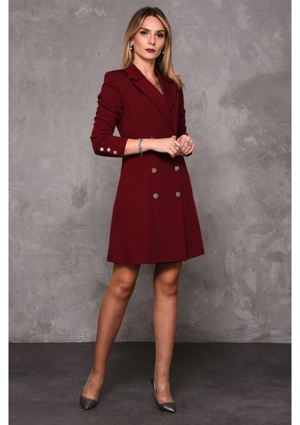 Erkek Yaka Kuruvaze Uzun Kol Elbise-Bordo