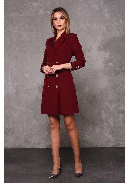 Erkek Yaka Kuruvaze Uzun Kol Elbise-Bordo fiyatları