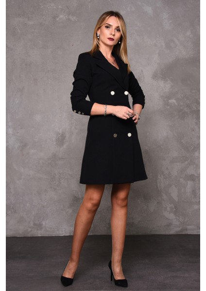 Erkek Yaka Kuruvaze Uzun Kol Elbise-Siyah