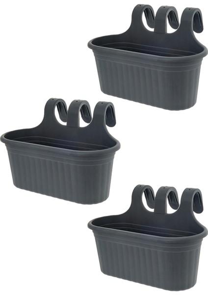 3 Adet 6,5 Litre Antrasit Gri Askılı Balkon Küpeşte Saksısı Seti Plastik Askı Saksı Set Tombik No2