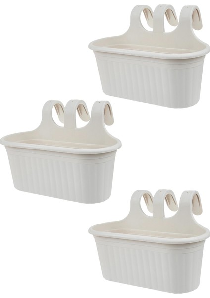 3 Adet 6,5 Litre Kirli Beyaz Askılı Balkon Küpeşte Saksısı Seti Plastik Askı Saksı Set Tombik No2