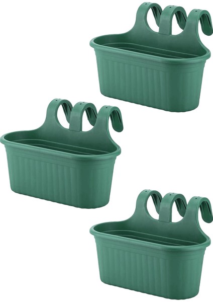 3 Adet 6,5 Litre Yeşil Askılı Balkon Küpeşte Saksısı Seti Plastik Askı Saksı Set Tombik No2