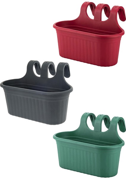 3 Adet 6,5 Litre Renkli Askılı Balkon Küpeşte Saksısı Seti Plastik Askı Saksı Set Tombik No2