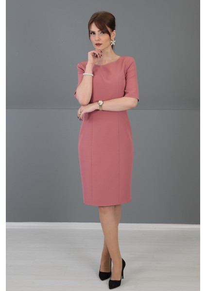 Kokteyl Kısa Kol Elbise-Gül Kurusu