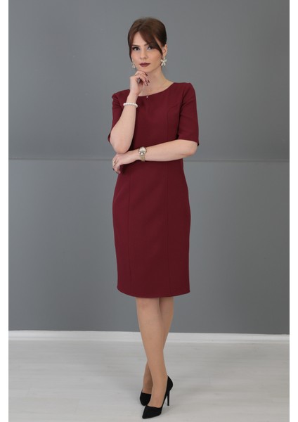 Kokteyl Kısa Kol Elbise-Bordo