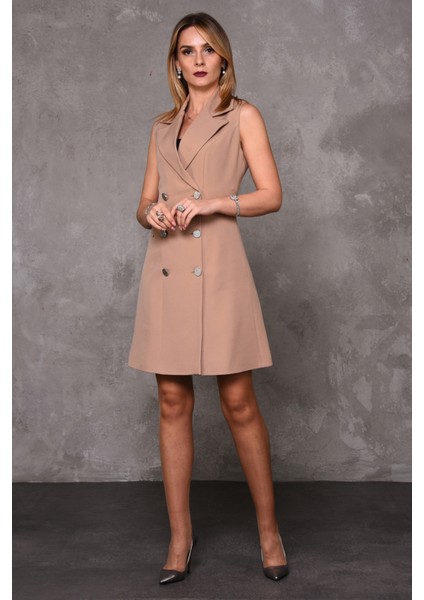 Erkek Yaka Belden Kesik Kuruvaze Elbise-Taş