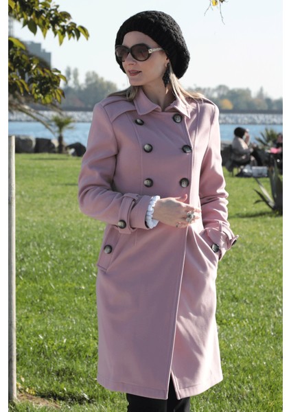 Pileli Apoletli Düğmeli Kaşe Kaban - Gül Kurusu