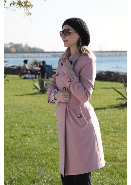 Pileli Apoletli Düğmeli Kaşe Kaban - Gül Kurusu modelleri