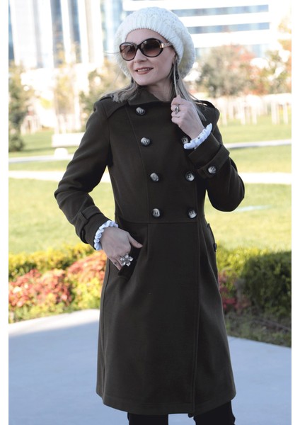 Pileli Apoletli Düğmeli Kaşe Kaban - Haki