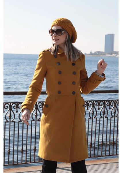 Pileli Apoletli Düğmeli Kaşe Kaban - Hardal fiyatları