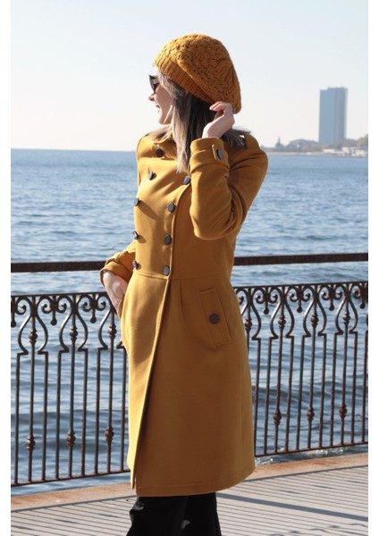 Pileli Apoletli Düğmeli Kaşe Kaban - Hardal modelleri