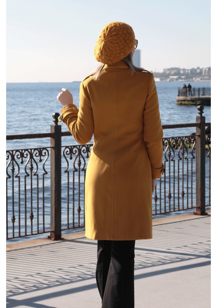 Pileli Apoletli Düğmeli Kaşe Kaban - Hardal fırsatları