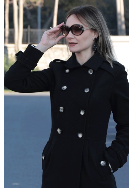 Pileli Apoletli Düğmeli Kaşe Kaban - Siyah fiyatları