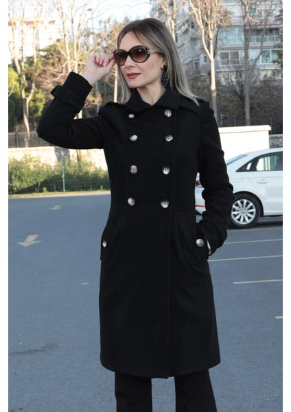 Pileli Apoletli Düğmeli Kaşe Kaban - Siyah modelleri