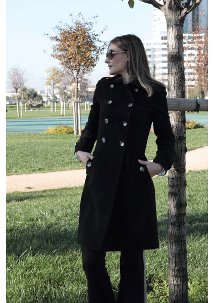 Pileli Apoletli Düğmeli Kaşe Kaban - Siyah fırsatları