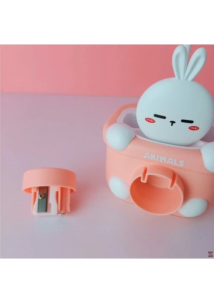 Sevimli Hayvanlar Şarjlı Kalemlikli Masa Lambası USB LED Işıklı Kalemtraşlı Pembe