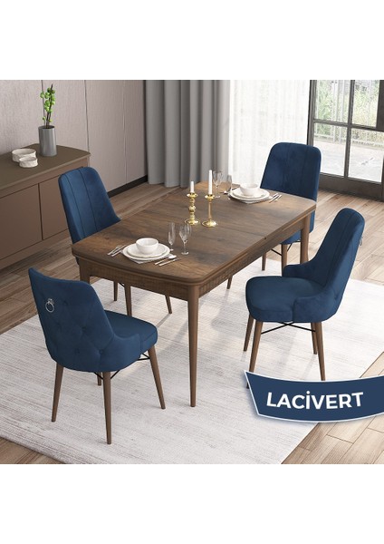 Concept Are Serisi, 80X132 Mdf Açılabilir Barok Ahşap Desen Mutfak Masa Takımı, 4 Sandalye Gümüş Halkalı