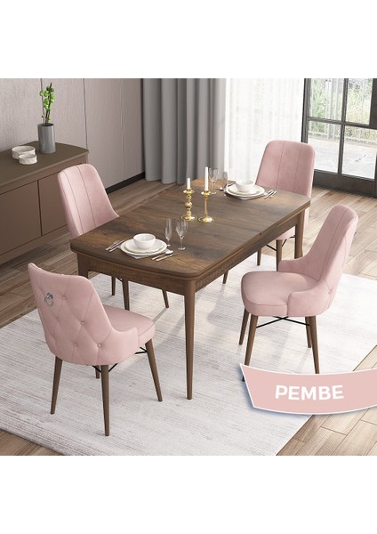 Concept Are Serisi, 80X132 Mdf Açılabilir Barok Ahşap Desen Mutfak Masa Takımı, 4 Sandalye Gümüş Halkalı