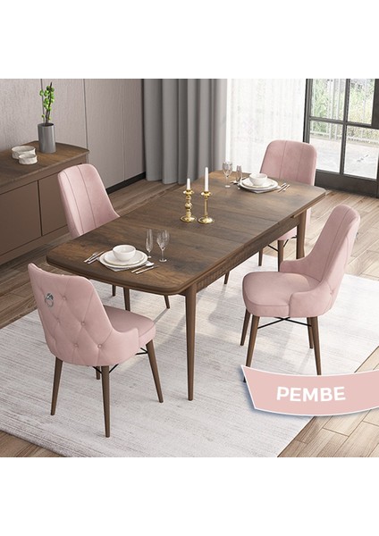 Concept Are Serisi, 80X132 Mdf Açılabilir Barok Ahşap Desen Mutfak Masa Takımı, 4 Sandalye Gümüş Halkalı