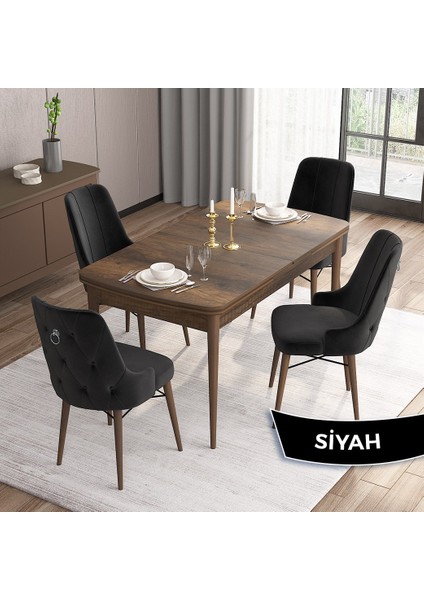 Concept Are Serisi, 80X132 Mdf Açılabilir Barok Ahşap Desen Mutfak Masa Takımı, 4 Sandalye Gümüş Halkalı
